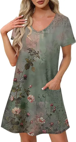2025 Beach Dresses for Women Short Sleeve V Neck Summer Shirt Dress Loose Fit Casual Sundress