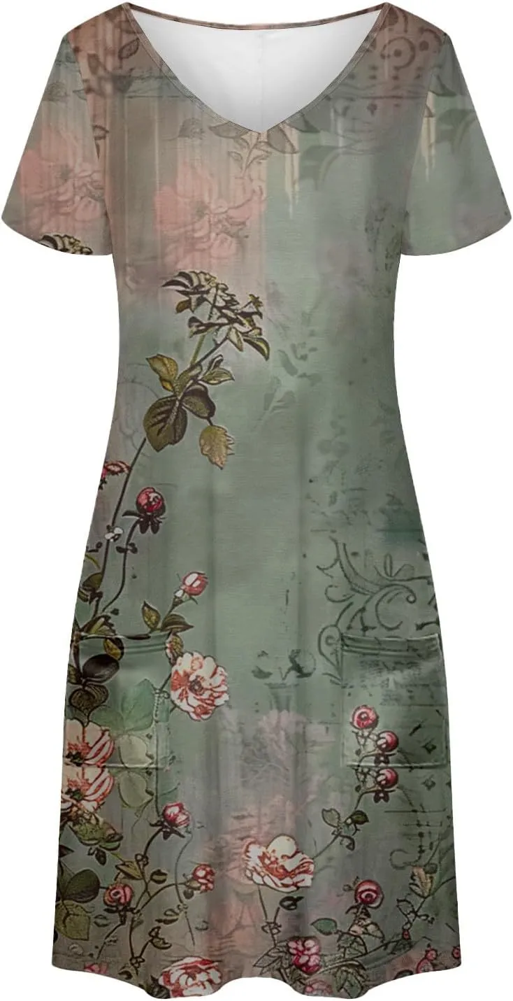 2025 Beach Dresses for Women Short Sleeve V Neck Summer Shirt Dress Loose Fit Casual Sundress