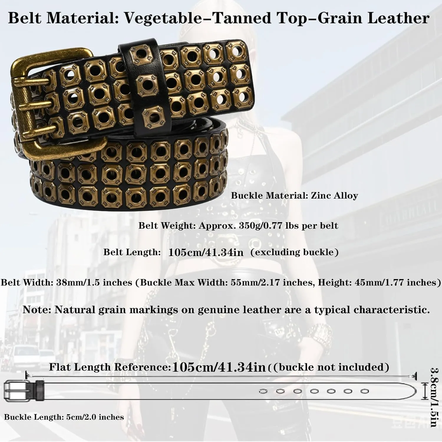 3 Row Studded Genuine Leather Belts for Men Women Unisex Casual 3 Prong Belt for Punk Rock 41-49.21IN Belt for 35"-43" Waist