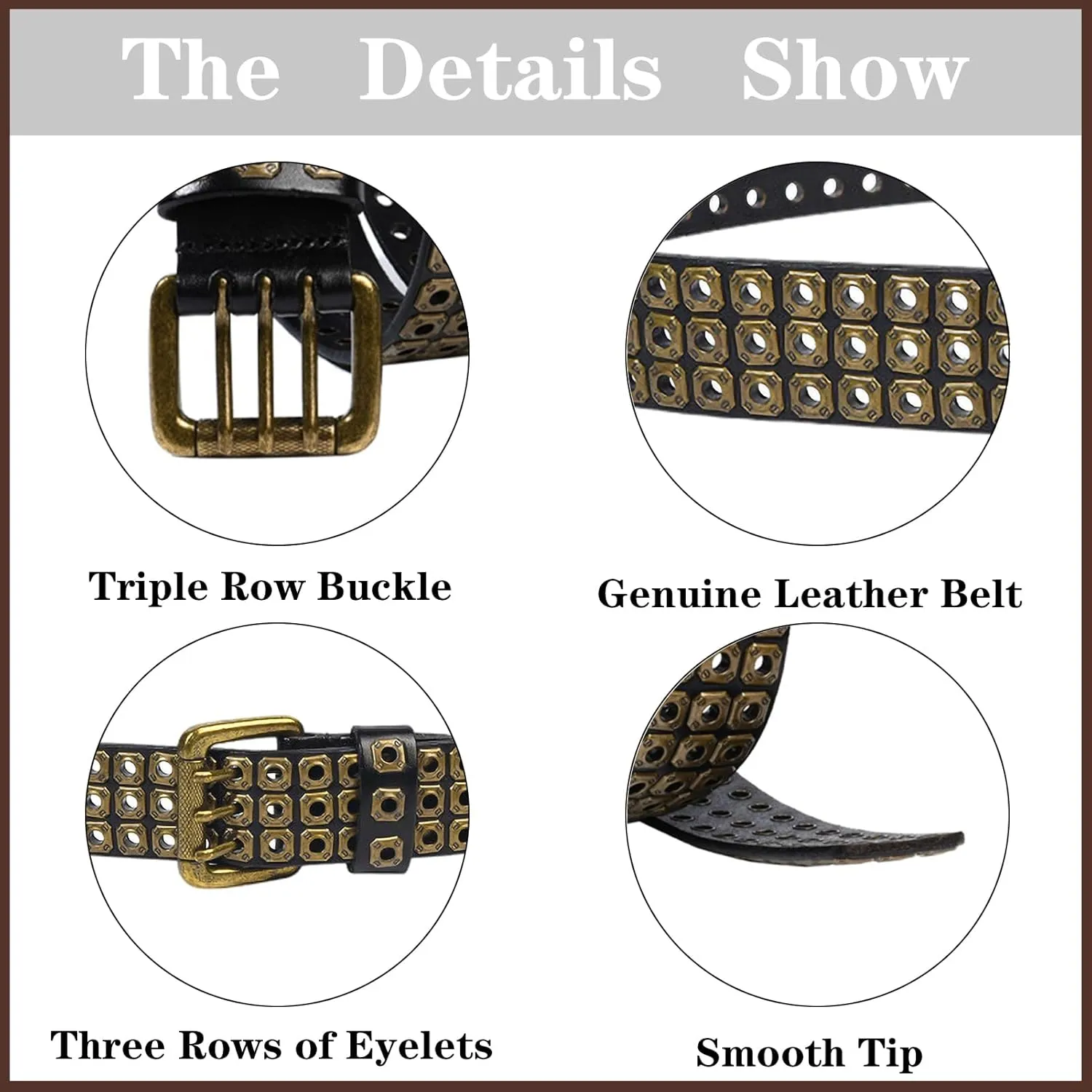 3 Row Studded Genuine Leather Belts for Men Women Unisex Casual 3 Prong Belt for Punk Rock 41-49.21IN Belt for 35"-43" Waist