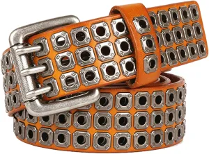 3 Row Studded Genuine Leather Belts for Men Women Unisex Casual 3 Prong Belt for Punk Rock 41-49.21IN Belt for 35"-43" Waist