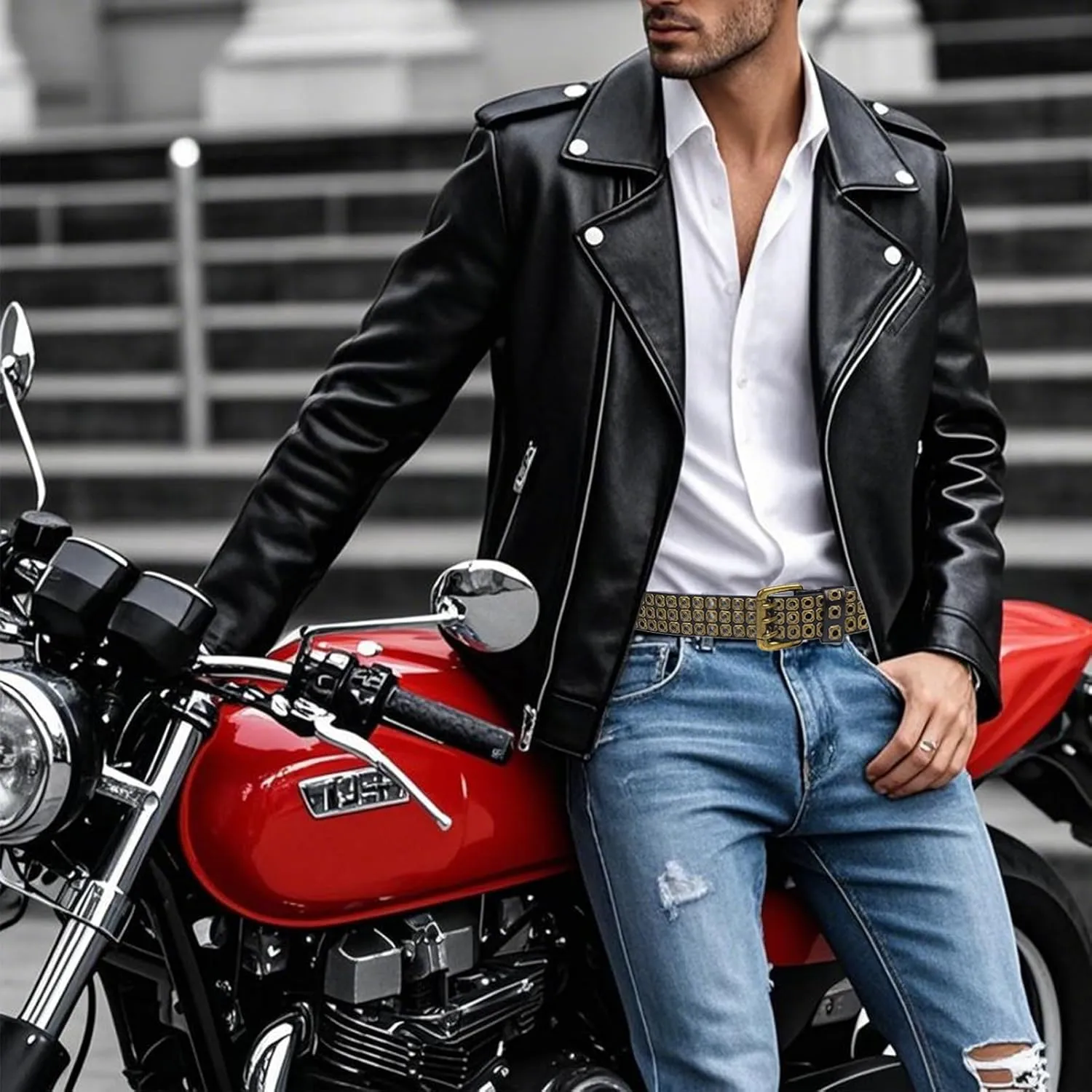 3 Row Studded Genuine Leather Belts for Men Women Unisex Casual 3 Prong Belt for Punk Rock 41-49.21IN Belt for 35"-43" Waist
