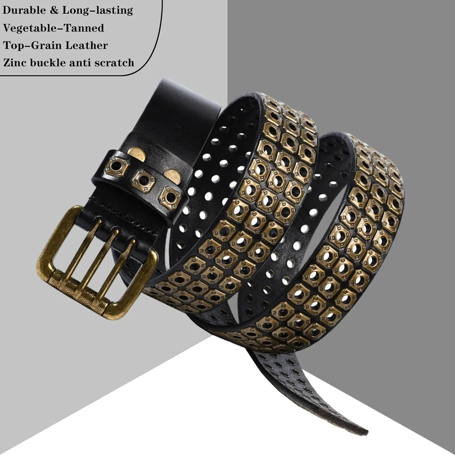 3 Row Studded Genuine Leather Belts for Men Women Unisex Casual 3 Prong Belt for Punk Rock 41-49.21IN Belt for 35"-43" Waist
