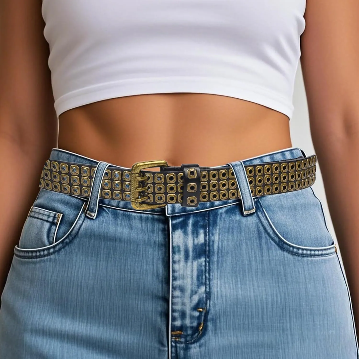 3 Row Studded Genuine Leather Belts for Men Women Unisex Casual 3 Prong Belt for Punk Rock 41-49.21IN Belt for 35"-43" Waist