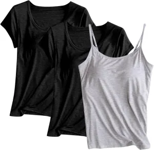 3PCS T-Shirt with Built-in Bra Women Workout Yoga Tops Short Sleeve Padded Bras Soft Pajama Tops Athletic Shirts
