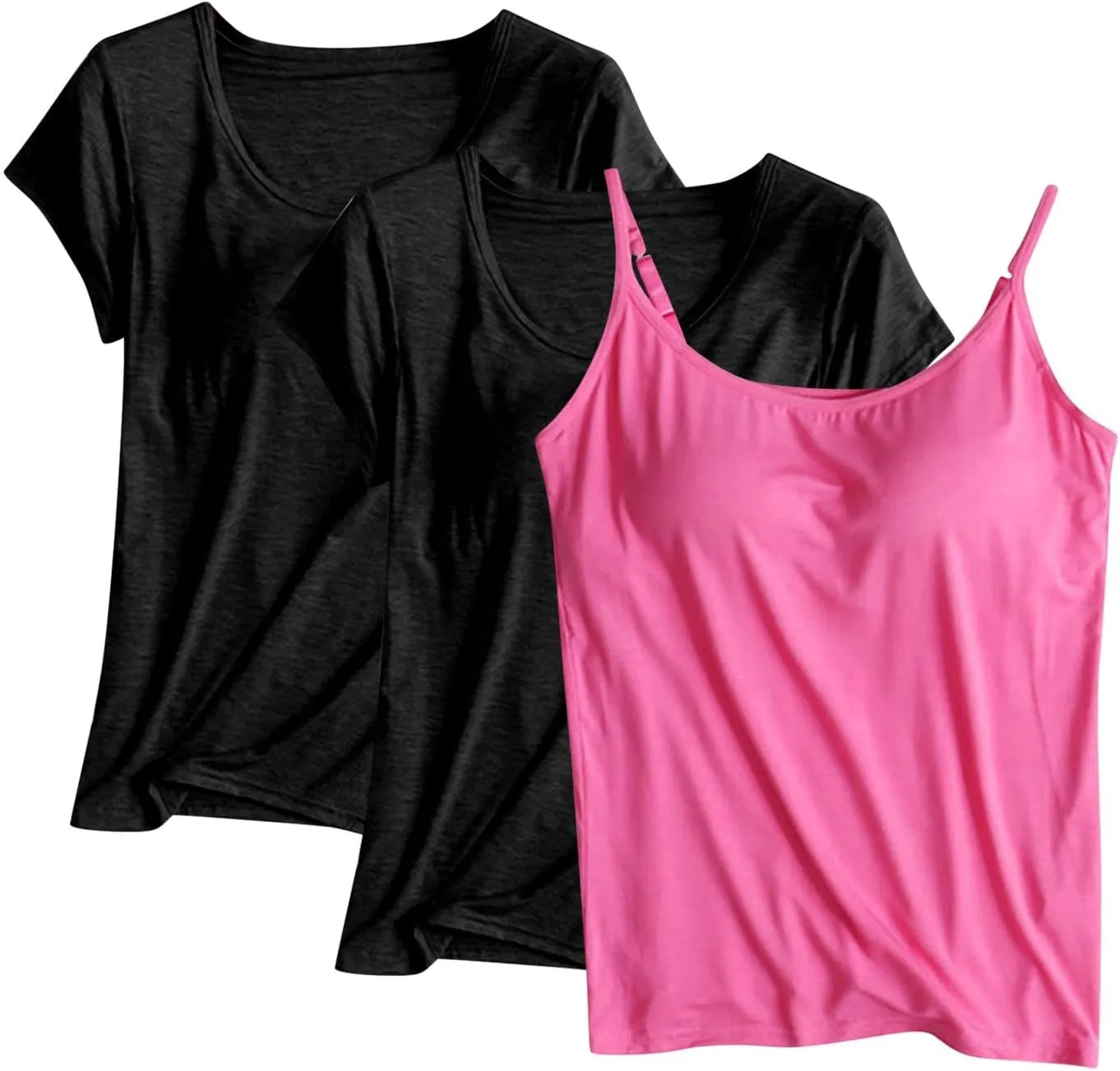 3PCS T-Shirt with Built-in Bra Women Workout Yoga Tops Short Sleeve Padded Bras Soft Pajama Tops Athletic Shirts