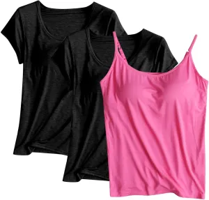 3PCS T-Shirt with Built-in Bra Women Workout Yoga Tops Short Sleeve Padded Bras Soft Pajama Tops Athletic Shirts