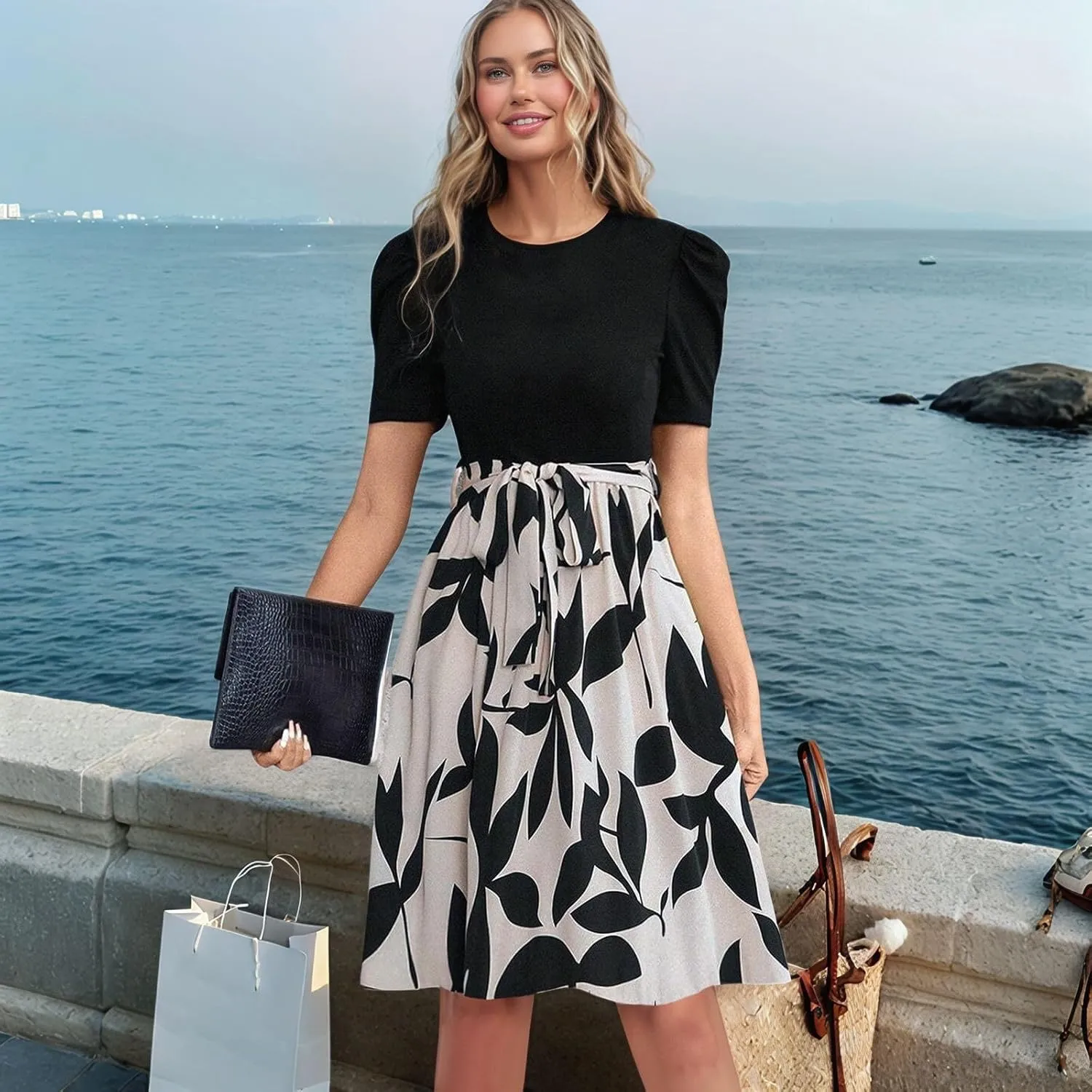 ADHOWBEW Womens Dresses Waist Tie Floral Print Round Neck Short Sleeve Graduation Sexy Beach Casual Dresses