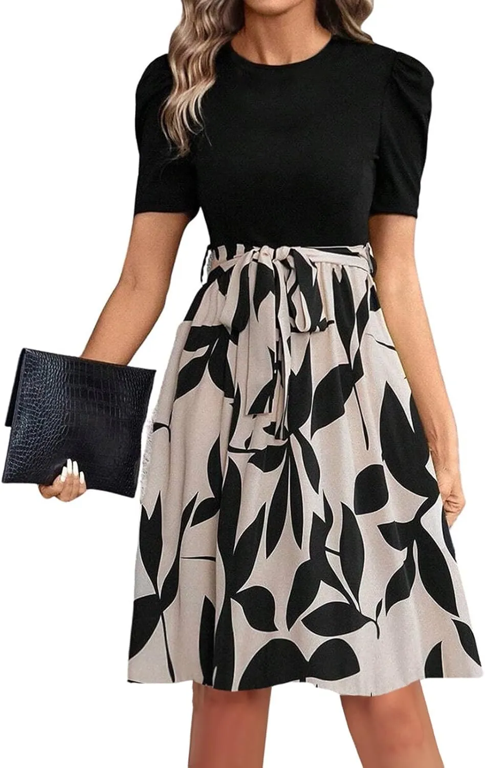 ADHOWBEW Womens Dresses Waist Tie Floral Print Round Neck Short Sleeve Graduation Sexy Beach Casual Dresses