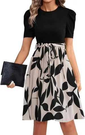 ADHOWBEW Womens Dresses Waist Tie Floral Print Round Neck Short Sleeve Graduation Sexy Beach Casual Dresses