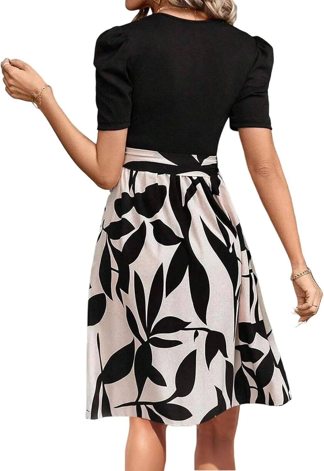 ADHOWBEW Womens Dresses Waist Tie Floral Print Round Neck Short Sleeve Graduation Sexy Beach Casual Dresses
