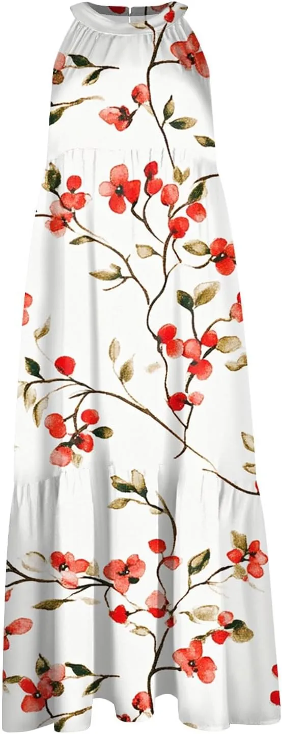 Azeralia Womens Spring Summer 2025 Sleeveless Casual Hanging Neck Beach Dresses Printed Loose Splicing Long Dress