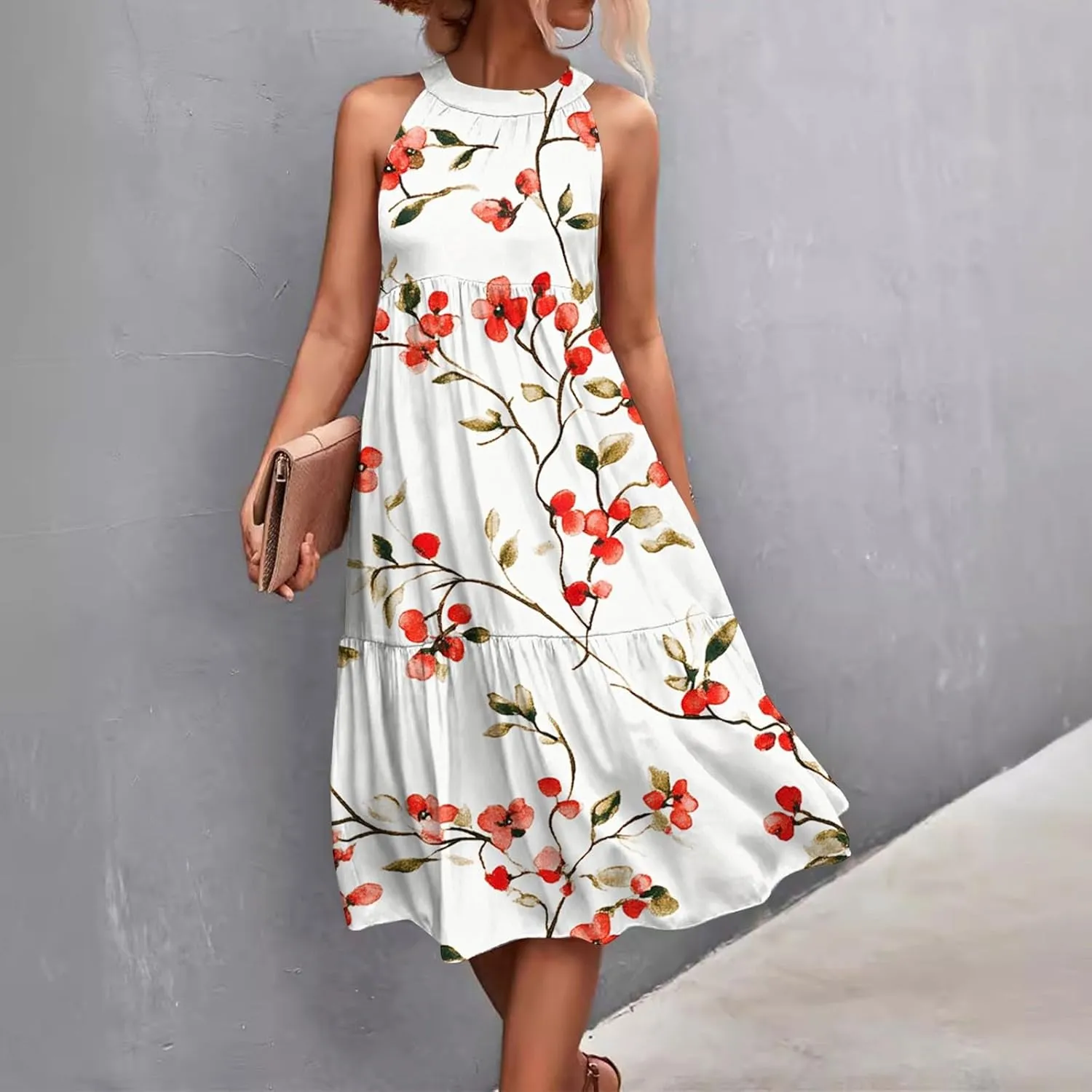Azeralia Womens Spring Summer 2025 Sleeveless Casual Hanging Neck Beach Dresses Printed Loose Splicing Long Dress
