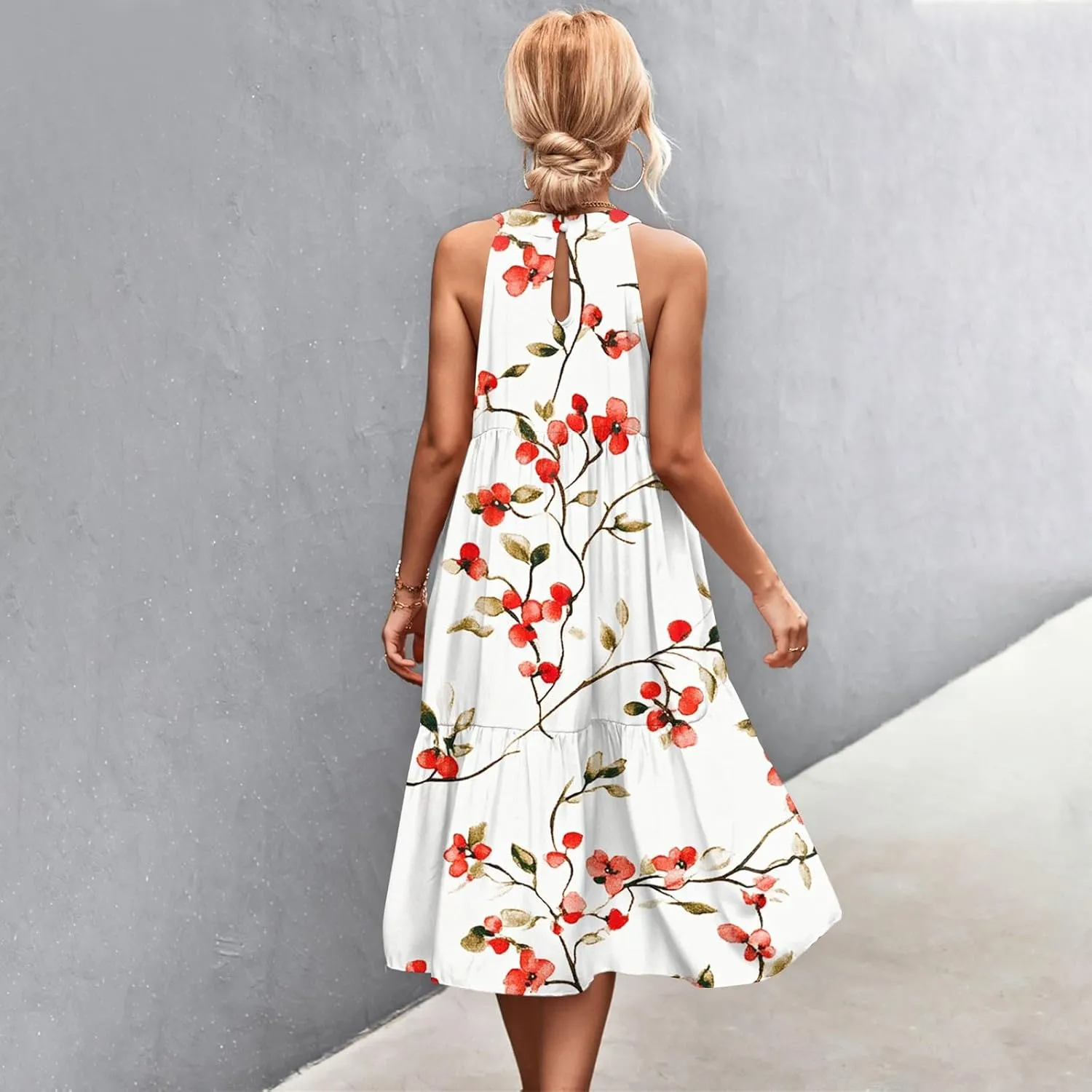 Azeralia Womens Spring Summer 2025 Sleeveless Casual Hanging Neck Beach Dresses Printed Loose Splicing Long Dress