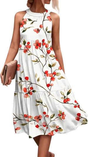 Azeralia Womens Spring Summer 2025 Sleeveless Casual Hanging Neck Beach Dresses Printed Loose Splicing Long Dress