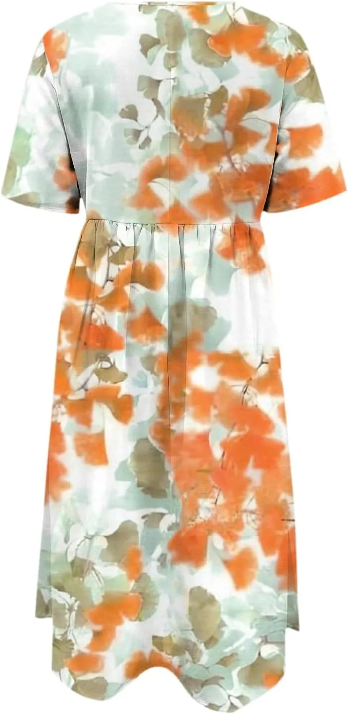 Beach Dresses for Women 2025 Dresses Casual Loose Summer Short Sleeve Beach Dress with Pockets V Neck A-Line Midi