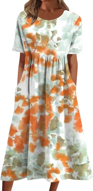 Beach Dresses for Women 2025 Dresses Casual Loose Summer Short Sleeve Beach Dress with Pockets V Neck A-Line Midi