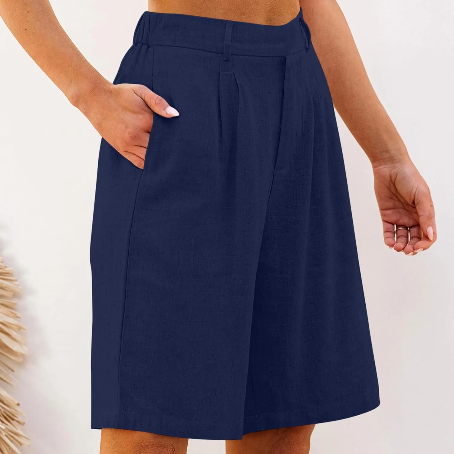 Bermuda Shorts for Women High Waisted Dressy Casual Linen Shorts Wide Leg Knee Length Summer Beach Shorts with Pocket