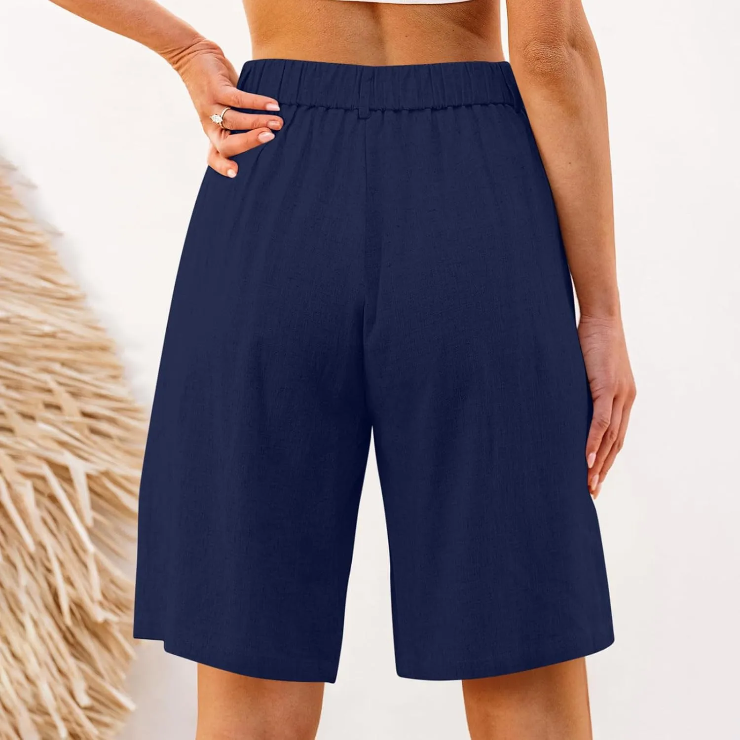Bermuda Shorts for Women High Waisted Dressy Casual Linen Shorts Wide Leg Knee Length Summer Beach Shorts with Pocket