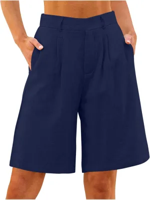 Bermuda Shorts for Women High Waisted Dressy Casual Linen Shorts Wide Leg Knee Length Summer Beach Shorts with Pocket