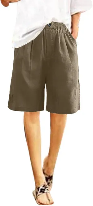 Bermuda Shorts for Womens Knee Length Cotton Linen Capris Lightweight Summer Straight Leg Beach Travel Shorts W Pocket