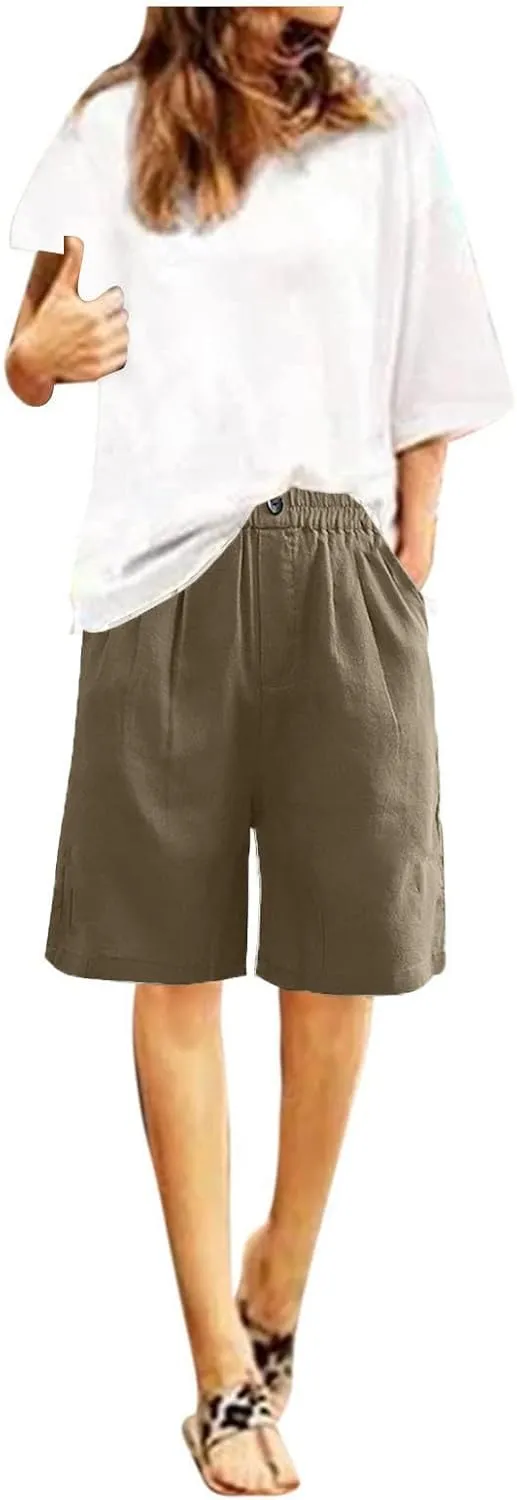 Bermuda Shorts for Womens Knee Length Cotton Linen Capris Lightweight Summer Straight Leg Beach Travel Shorts W Pocket