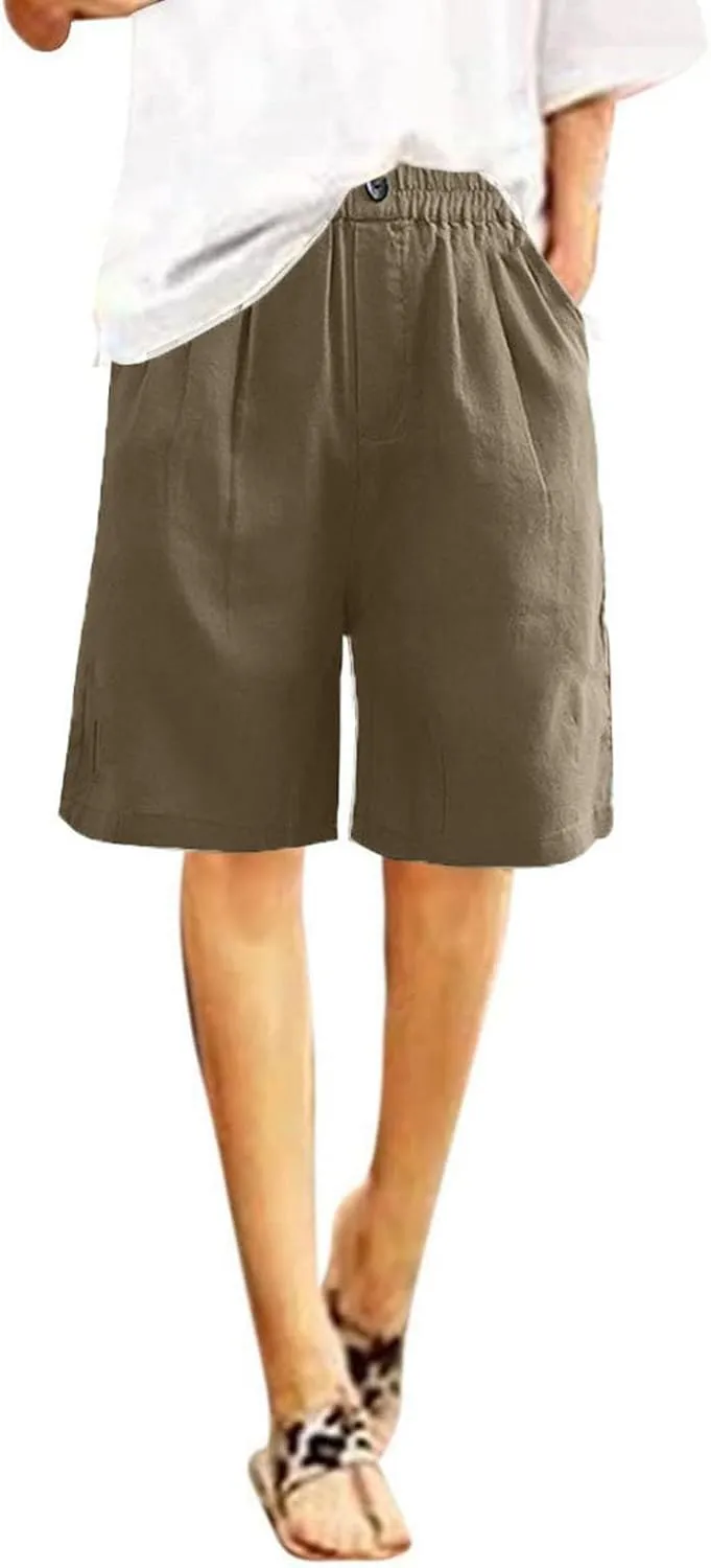 Bermuda Shorts for Womens Knee Length Cotton Linen Capris Lightweight Summer Straight Leg Beach Travel Shorts W Pocket