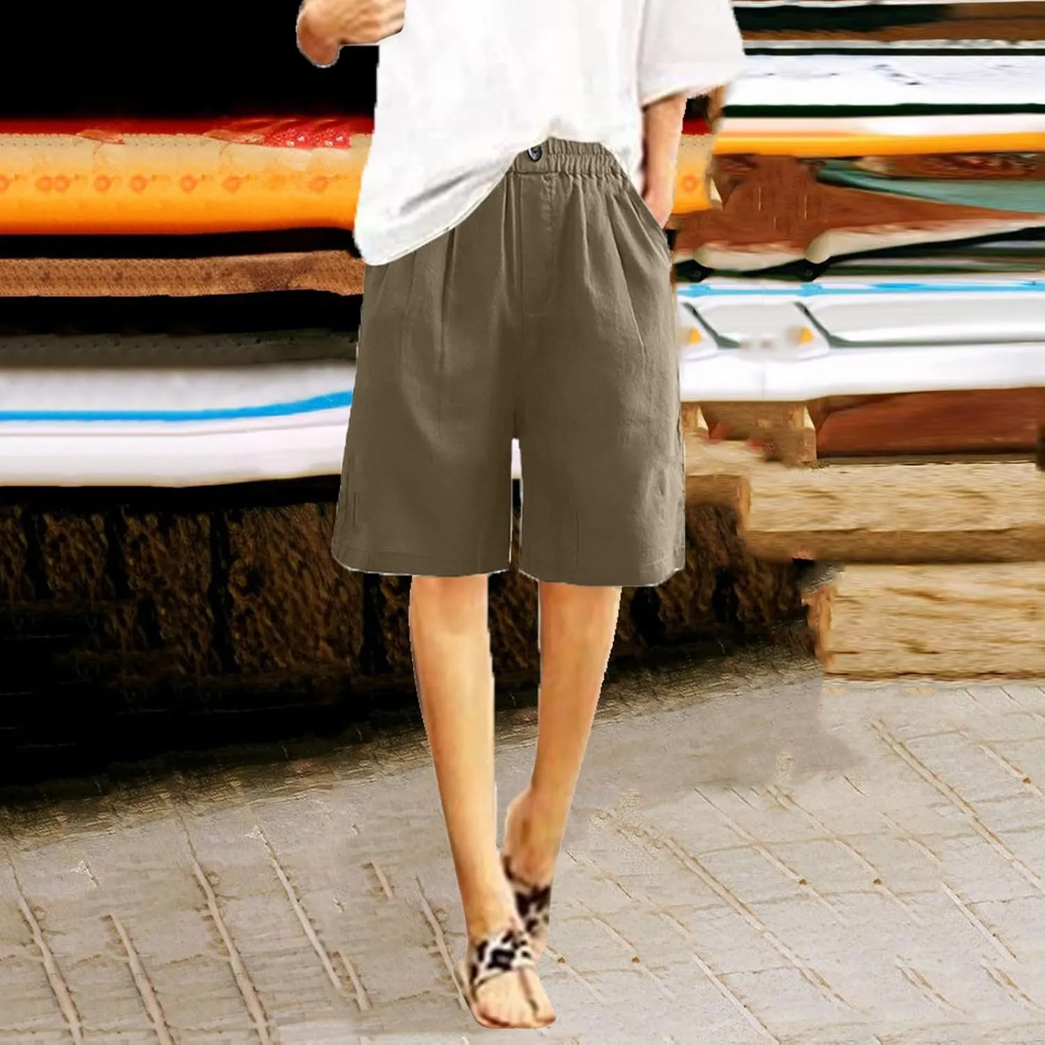 Bermuda Shorts for Womens Knee Length Cotton Linen Capris Lightweight Summer Straight Leg Beach Travel Shorts W Pocket
