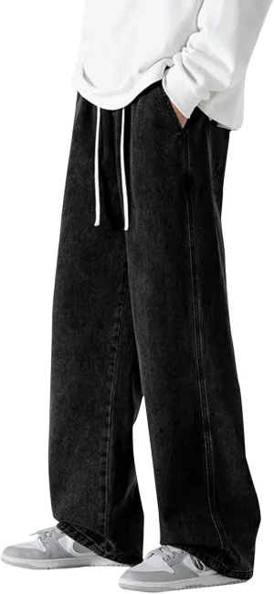 Big and Tall Stretch Jeans for Men Classic Drawstring Denim Jeans Flexible Pants Relaxed Wide Leg Denim Trousers