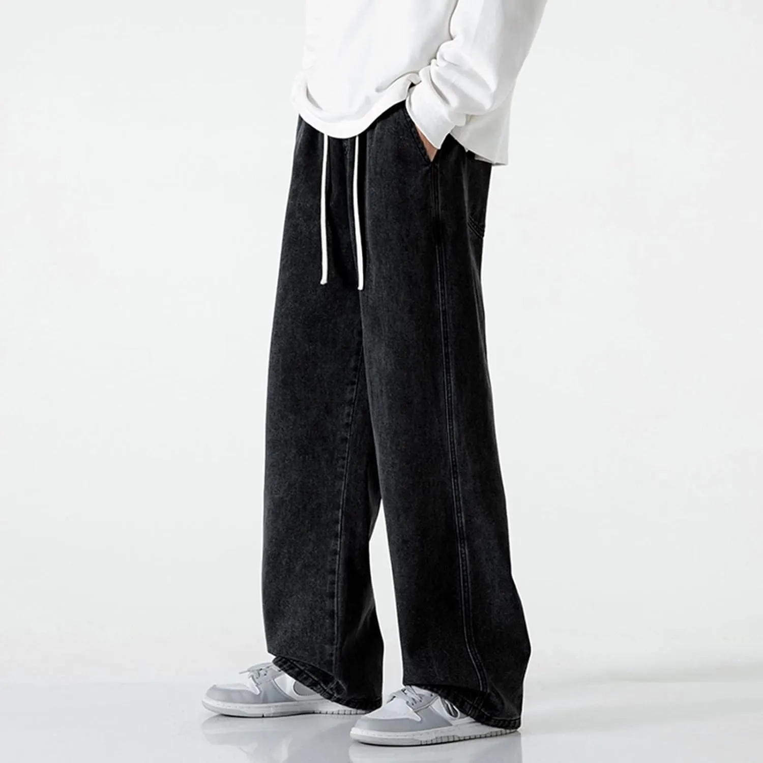Big and Tall Stretch Jeans for Men Classic Drawstring Denim Jeans Flexible Pants Relaxed Wide Leg Denim Trousers