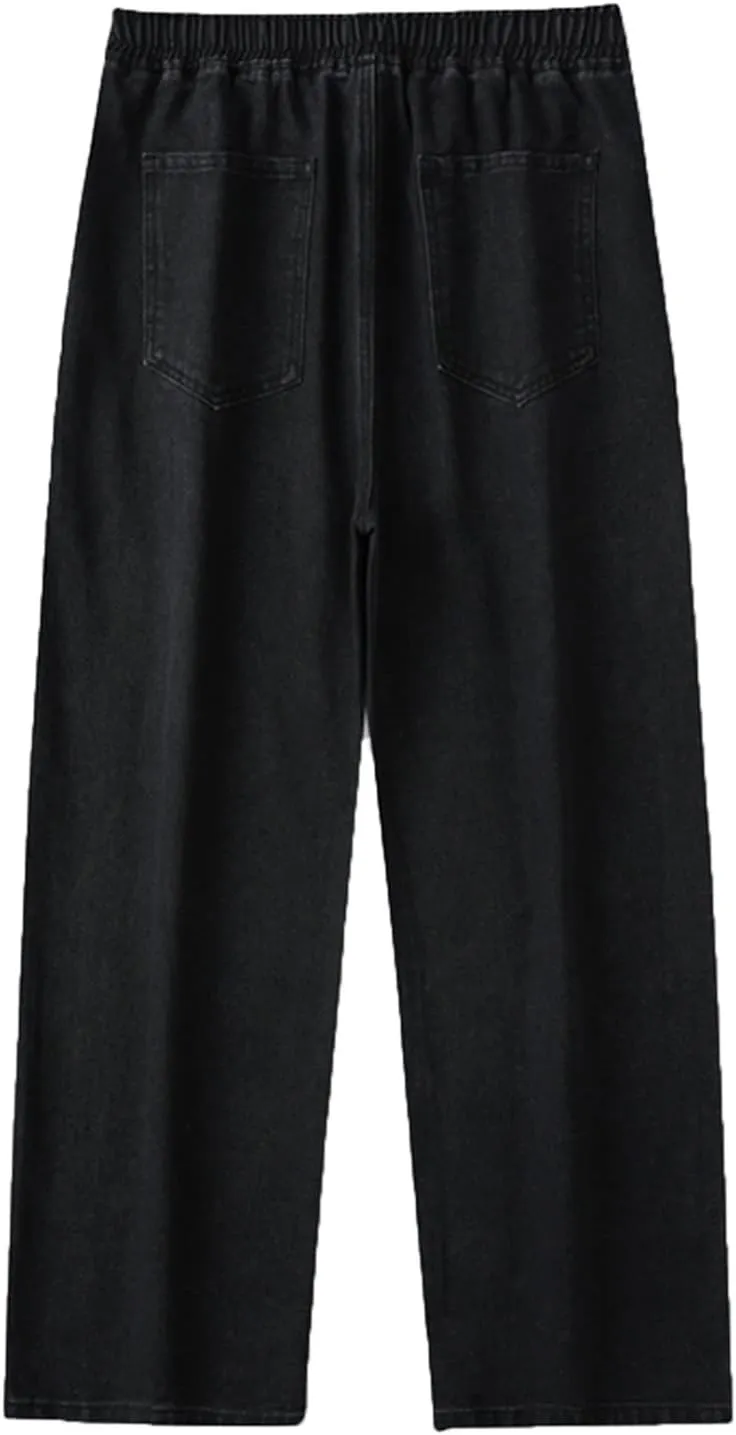 Big and Tall Stretch Jeans for Men Classic Drawstring Denim Jeans Flexible Pants Relaxed Wide Leg Denim Trousers