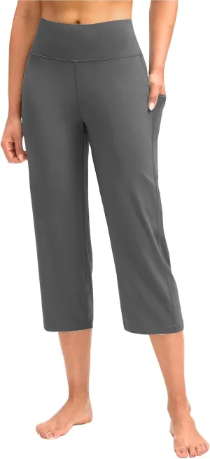 Binmer Women's Yoga Capris Pants High Waist Leggings Crop Straight Leg Athletic Exercise Workout Capris Trousers with Pockets