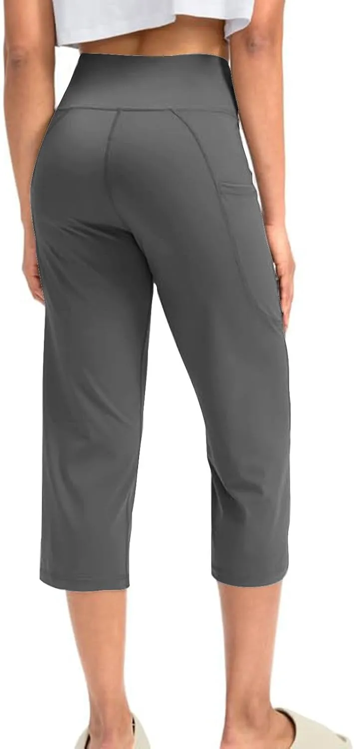 Binmer Women's Yoga Capris Pants High Waist Leggings Crop Straight Leg Athletic Exercise Workout Capris Trousers with Pockets