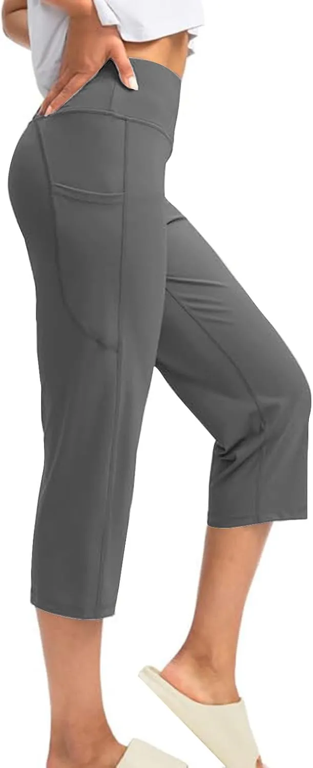 Binmer Women's Yoga Capris Pants High Waist Leggings Crop Straight Leg Athletic Exercise Workout Capris Trousers with Pockets