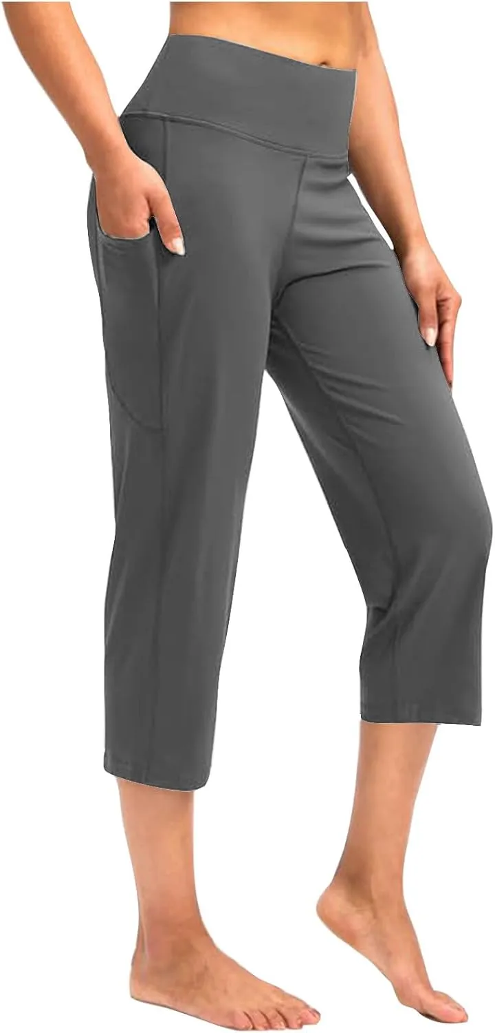Binmer Women's Yoga Capris Pants High Waist Leggings Crop Straight Leg Athletic Exercise Workout Capris Trousers with Pockets