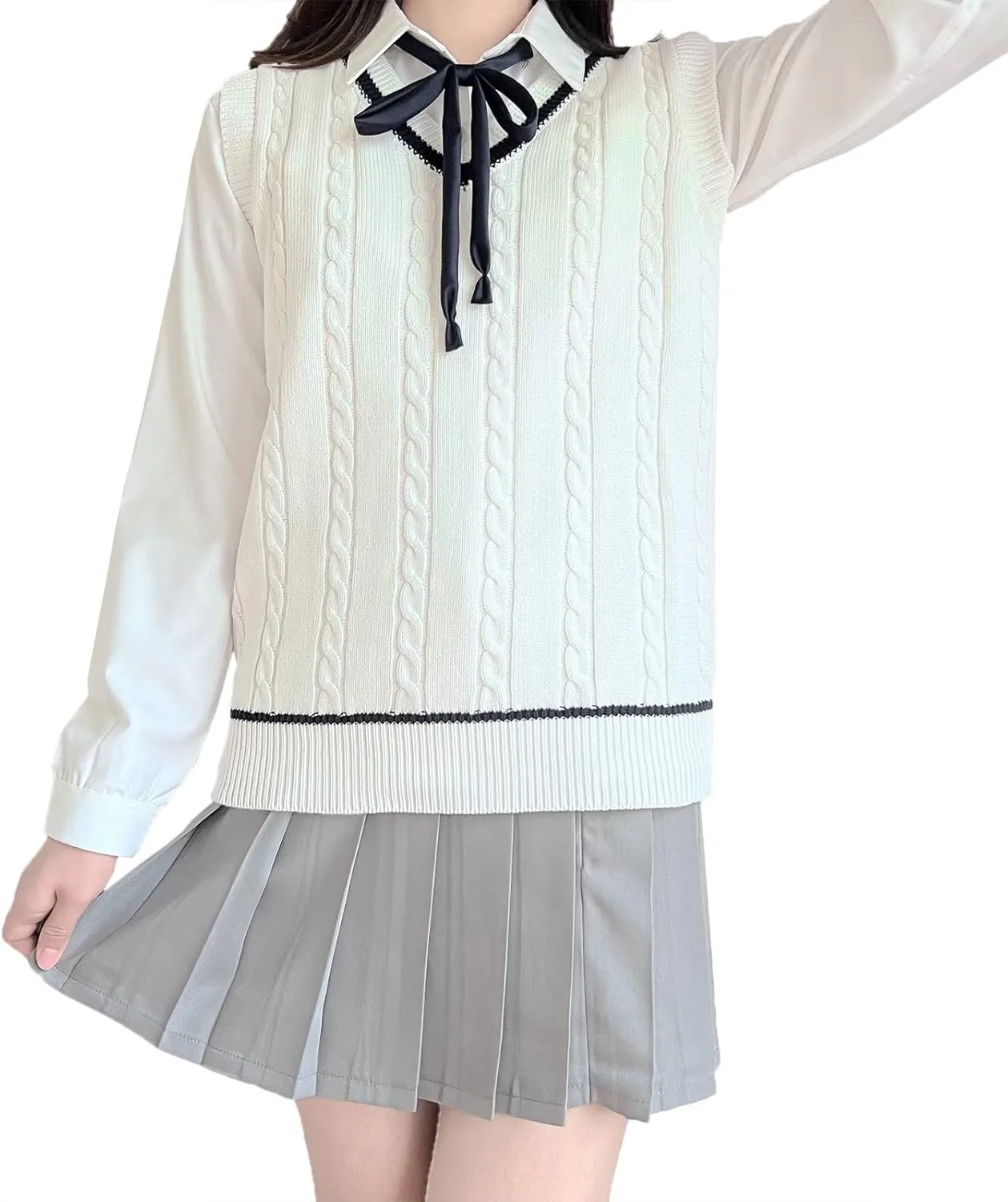 Blostirno Women’s Sweater Vest V Neck JK Uniform Kint Vests Solid Classic Sleeveless Pullover Sweaters Tops