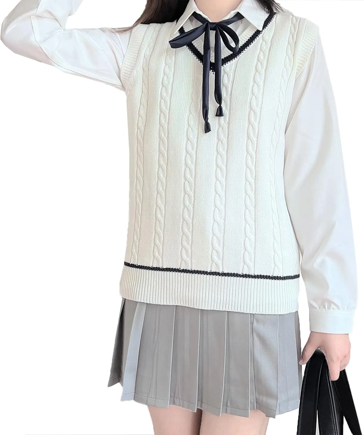 Blostirno Women’s Sweater Vest V Neck JK Uniform Kint Vests Solid Classic Sleeveless Pullover Sweaters Tops