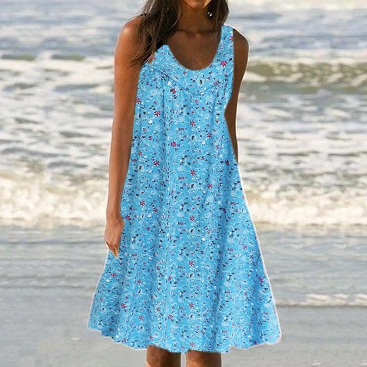 Boho Dress Summer Tank Top Dress Plus Size Sundresses Sleeveless Pleated Short Dress Beach Floral Dress with Pockets