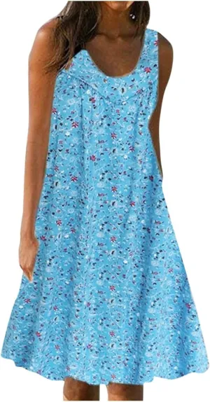 Boho Dress Summer Tank Top Dress Plus Size Sundresses Sleeveless Pleated Short Dress Beach Floral Dress with Pockets