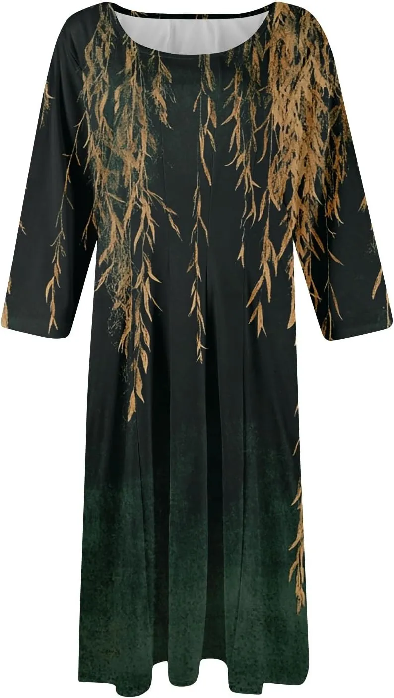 Boho Floral Dress for Women 3/4 Sleeve Summer Wrap Dress Ruched Midi Spring Flowy Vacation Dresses with Pocket