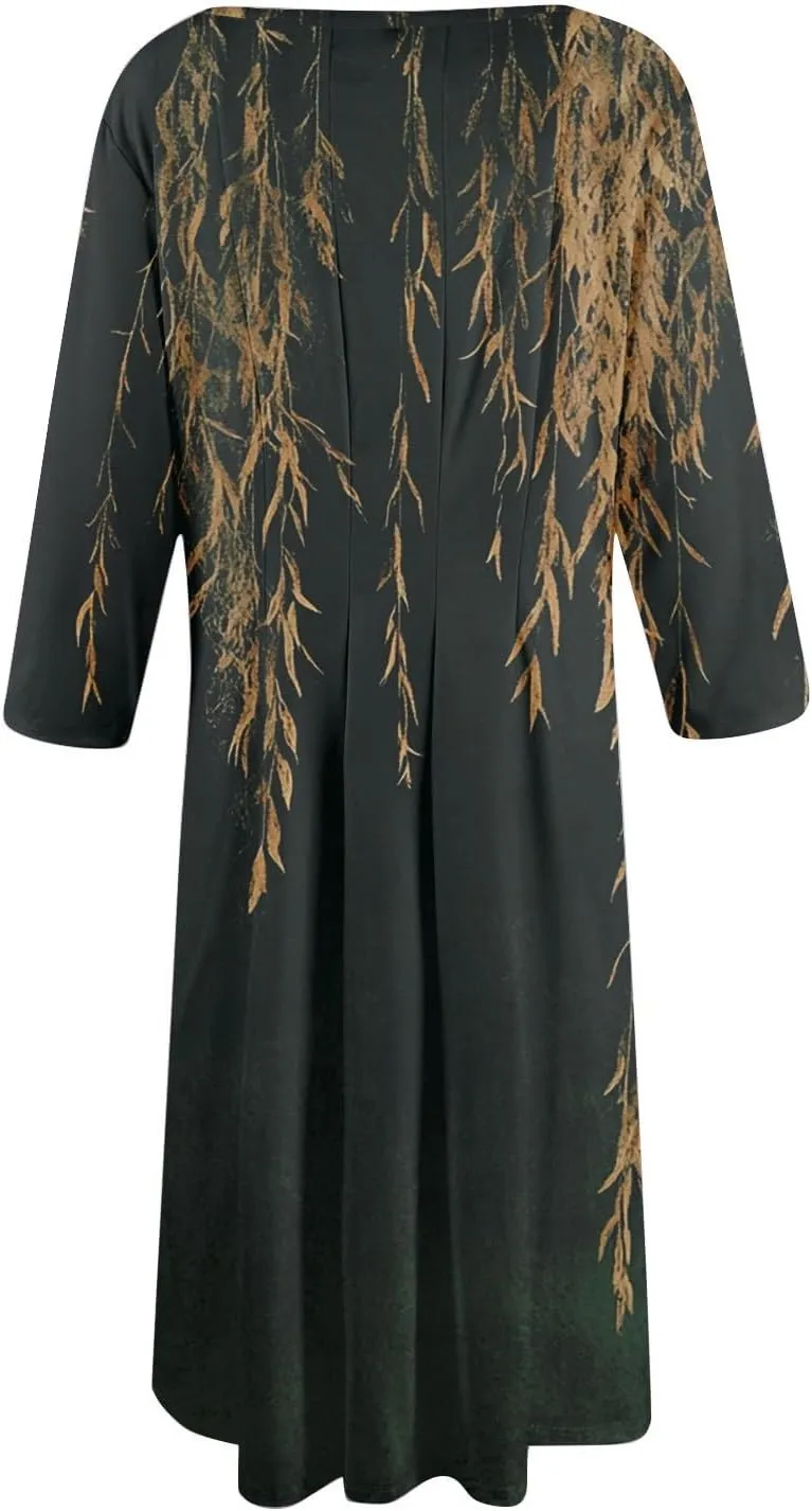 Boho Floral Dress for Women 3/4 Sleeve Summer Wrap Dress Ruched Midi Spring Flowy Vacation Dresses with Pocket