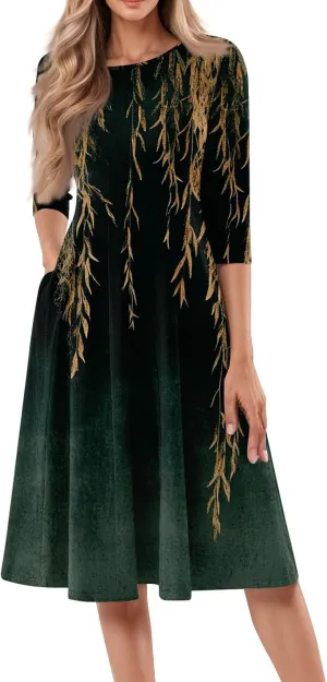Boho Floral Dress for Women 3/4 Sleeve Summer Wrap Dress Ruched Midi Spring Flowy Vacation Dresses with Pocket