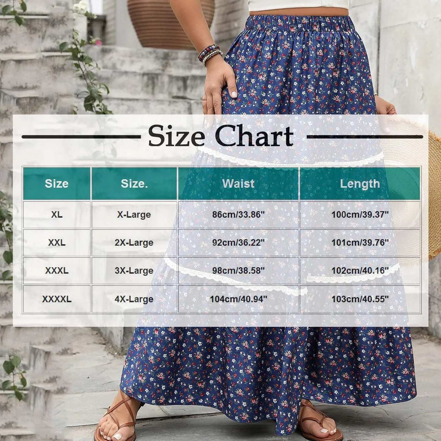 Boho Floral Maxi Skirt for Women Trendy 2025 Summer Elastic High Waisted Cute Lace Trim Ruffle Tiered Swing Beach Skirts