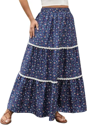 Boho Floral Maxi Skirt for Women Trendy 2025 Summer Elastic High Waisted Cute Lace Trim Ruffle Tiered Swing Beach Skirts