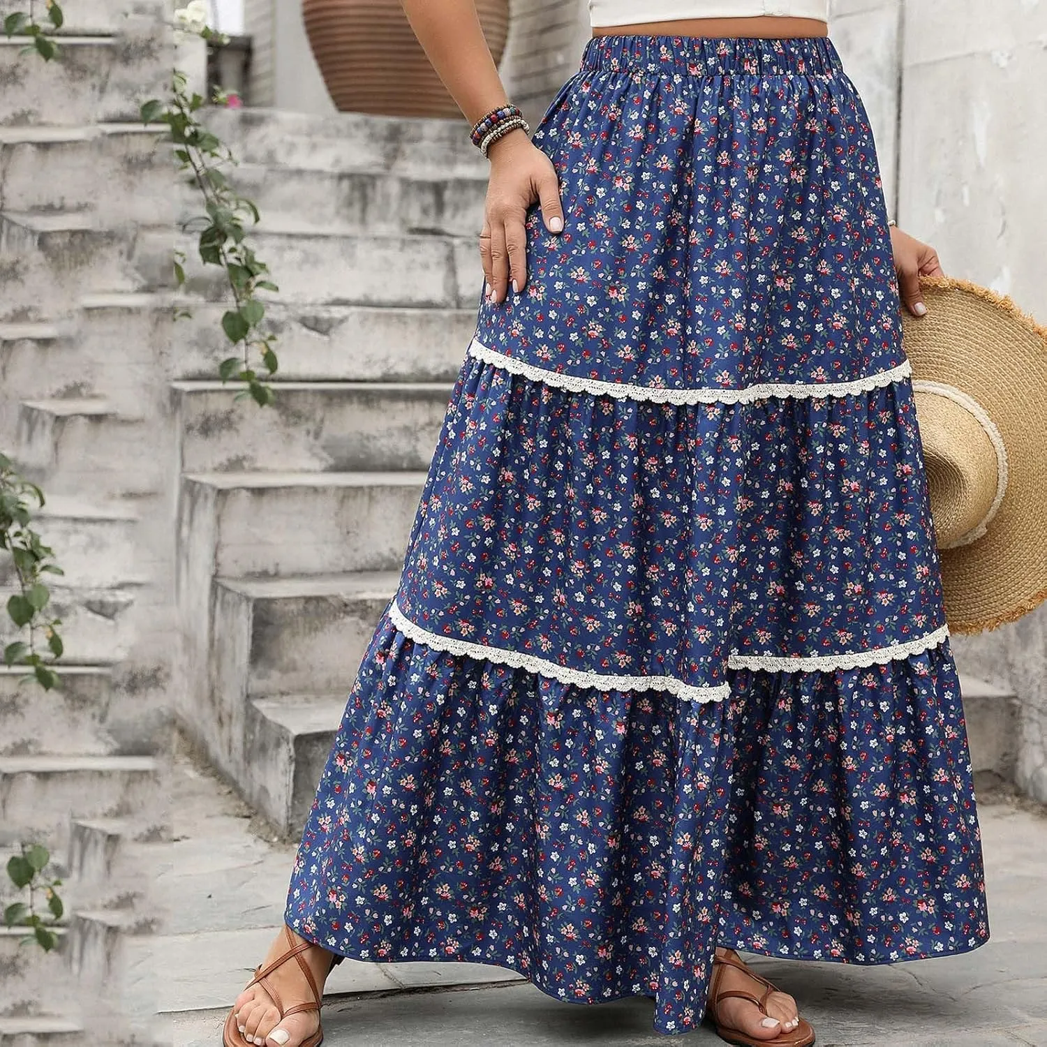 Boho Floral Maxi Skirt for Women Trendy 2025 Summer Elastic High Waisted Cute Lace Trim Ruffle Tiered Swing Beach Skirts