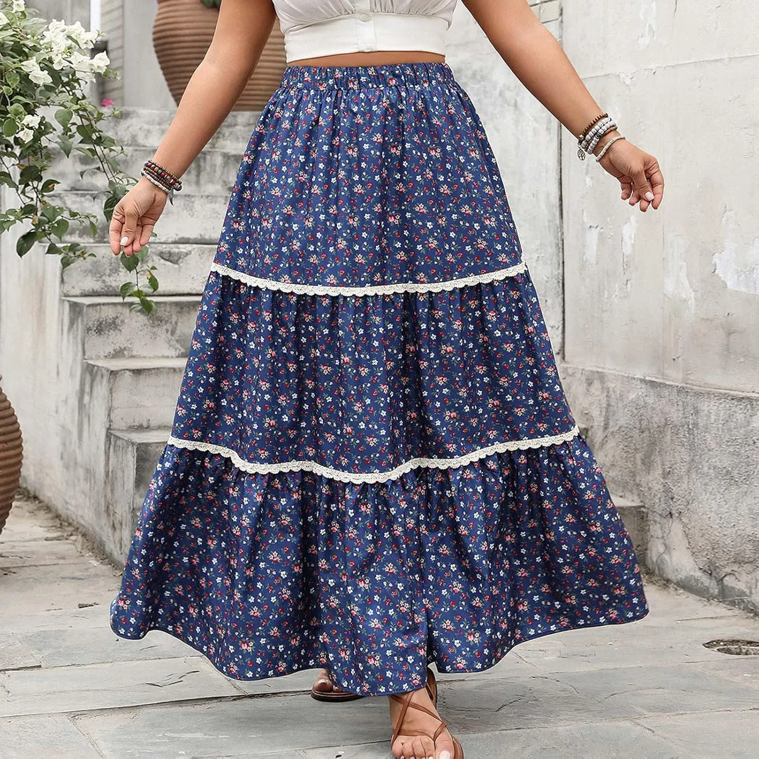 Boho Floral Maxi Skirt for Women Trendy 2025 Summer Elastic High Waisted Cute Lace Trim Ruffle Tiered Swing Beach Skirts