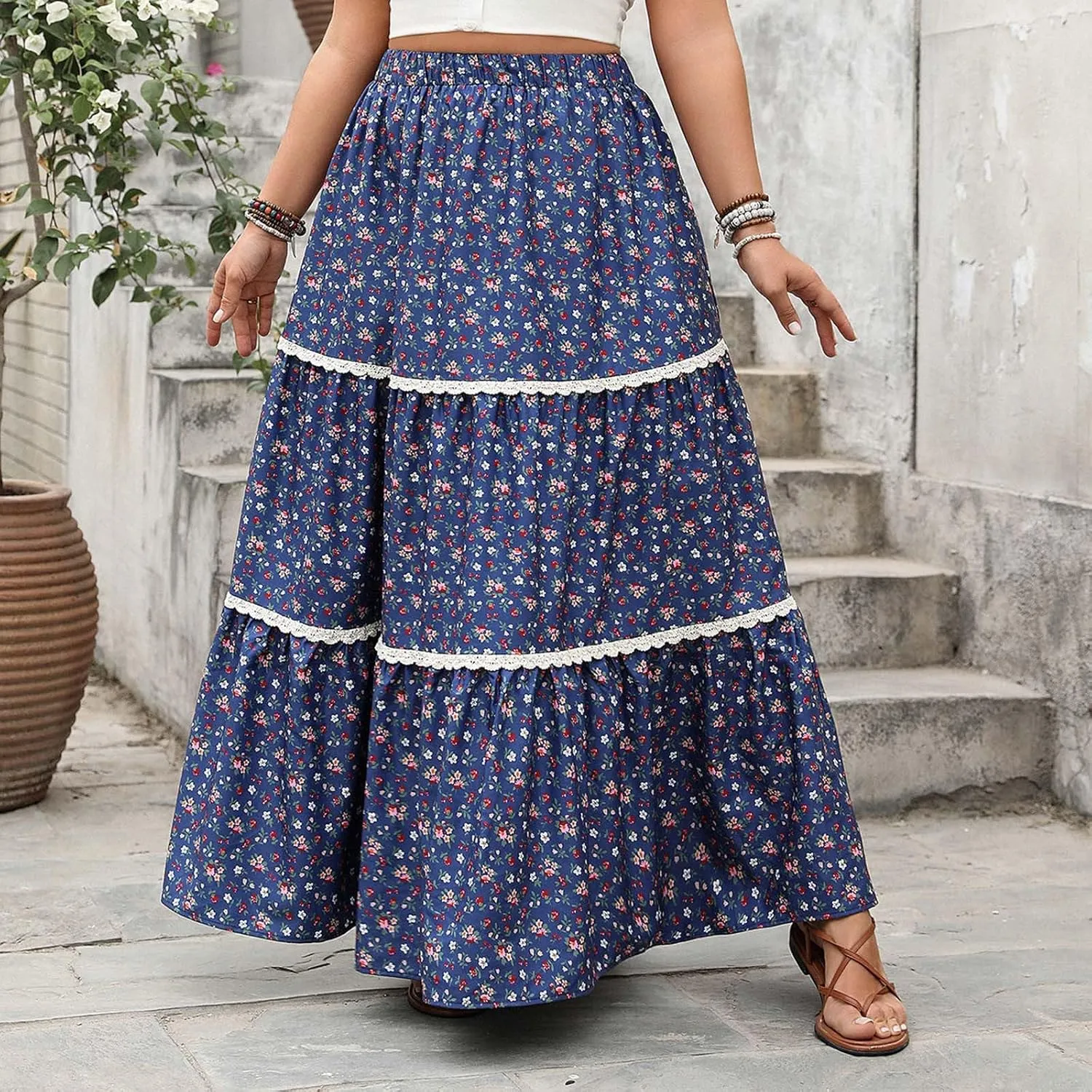 Boho Floral Maxi Skirt for Women Trendy 2025 Summer Elastic High Waisted Cute Lace Trim Ruffle Tiered Swing Beach Skirts