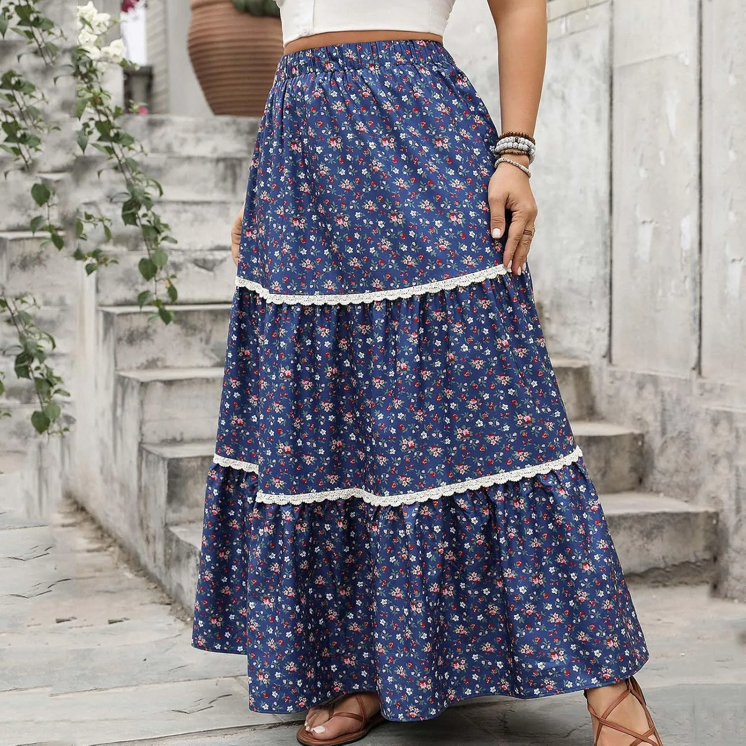 Boho Floral Maxi Skirt for Women Trendy 2025 Summer Elastic High Waisted Cute Lace Trim Ruffle Tiered Swing Beach Skirts