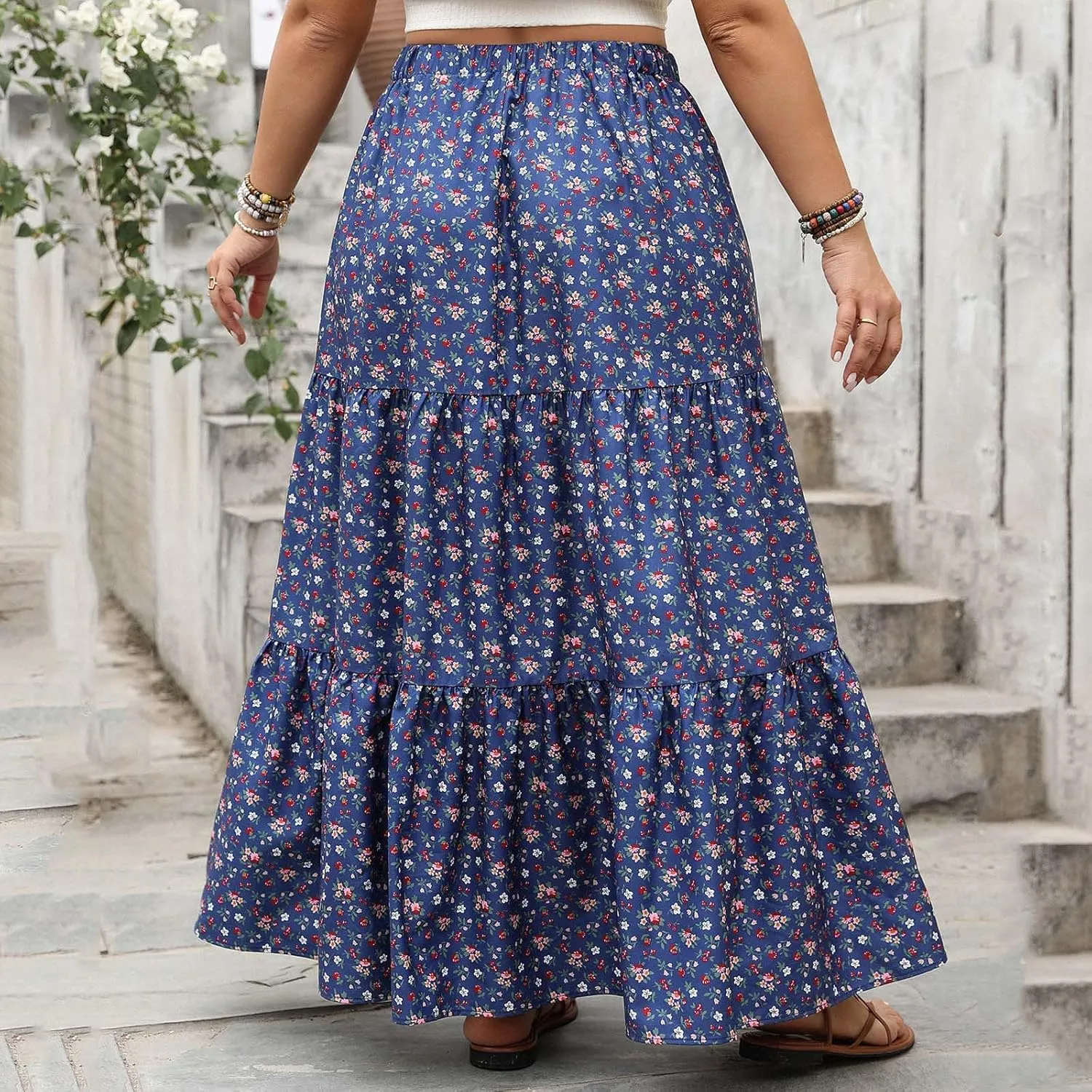 Boho Floral Maxi Skirt for Women Trendy 2025 Summer Elastic High Waisted Cute Lace Trim Ruffle Tiered Swing Beach Skirts