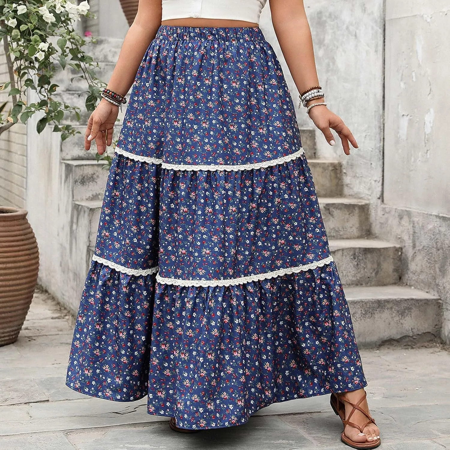 Boho Floral Maxi Skirt for Women Trendy 2025 Summer Elastic High Waisted Cute Lace Trim Ruffle Tiered Swing Beach Skirts